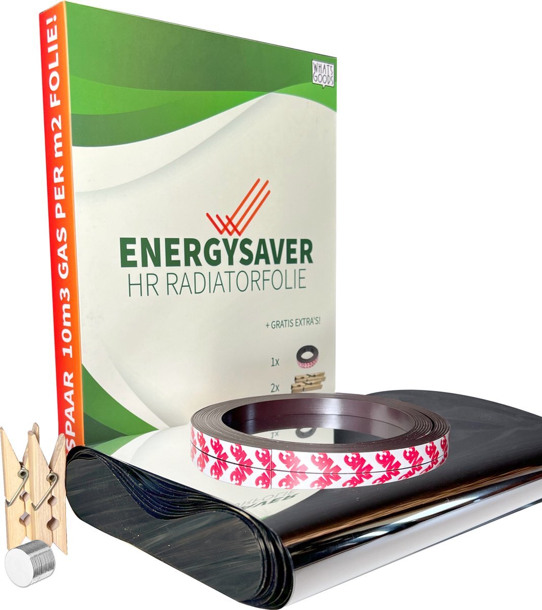 What's Goods Enerysaver - HR Radiatorfolie direct op radiator inclusief 12 losse magneten, 5 meter magneettape & wasknijpers