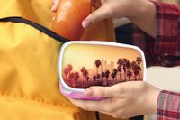 MuchoWow Broodtrommel Roze - Lunchbox - Brooddoos - Palmboom - Skyline - Zonsondergang - Architectuur - 18x12x6 cm - Kinderen - Meisje