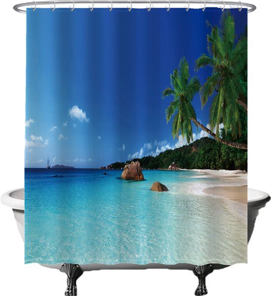 Ulticool Douchegordijn - Strand Natuur Zee Eiland Palmboom - 180 x 200 cm - Blauw