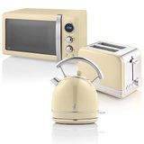 Swan Retro set de petit déjeuner, bouilloire, 1,8 l, grille-pain à fentes larges, 2 tranches, micro-ondes numérique 20 l, 6 niveaux, minuterie, porte miroir, design vintage, crème, taille unique