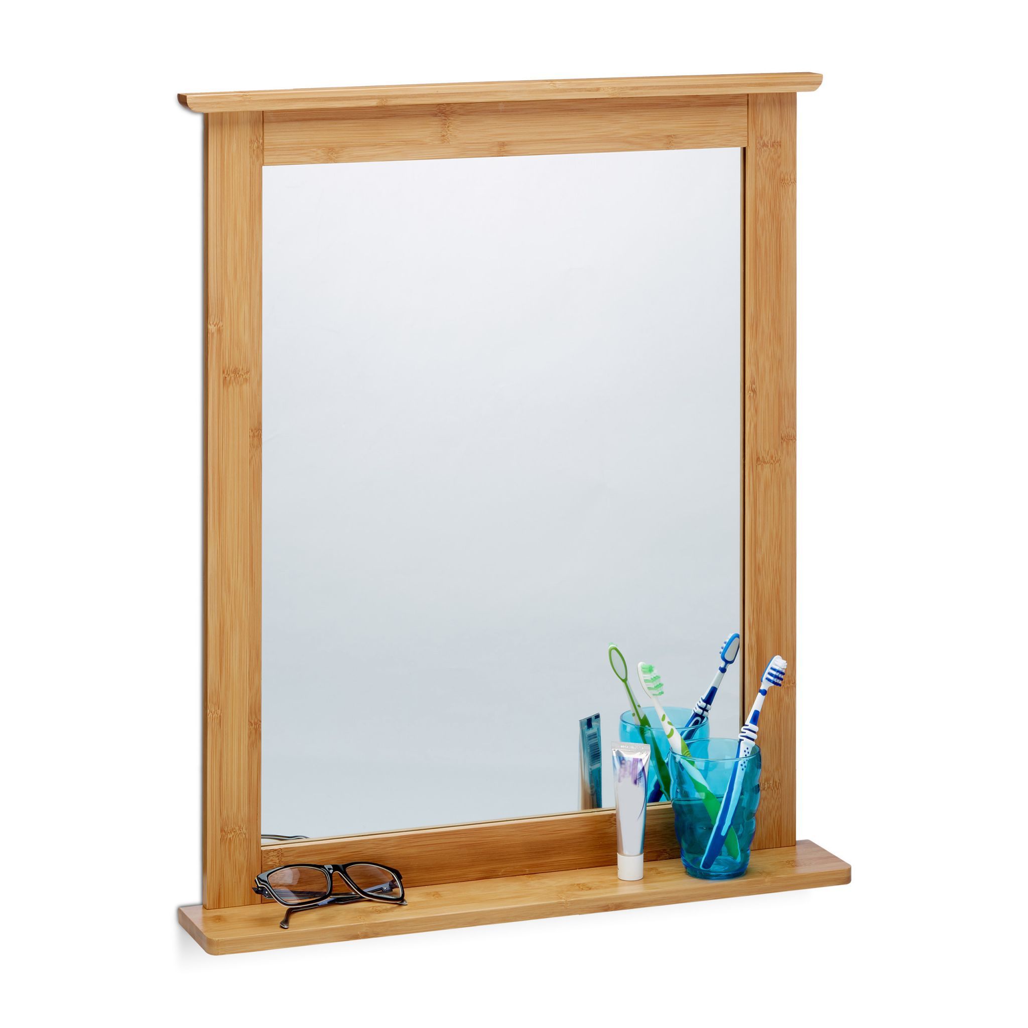 Relaxdays Bamboo Square Wall Mirror with Shelf - Bathroom, Hallway, Living Room - Wood Frame