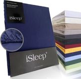 iSleep Katoen-Satijnen Hoeslaken - Hoge Hoek - Rondom Elastiek - Litsjumeaux - 180x220+40 cm - Donker Blauw