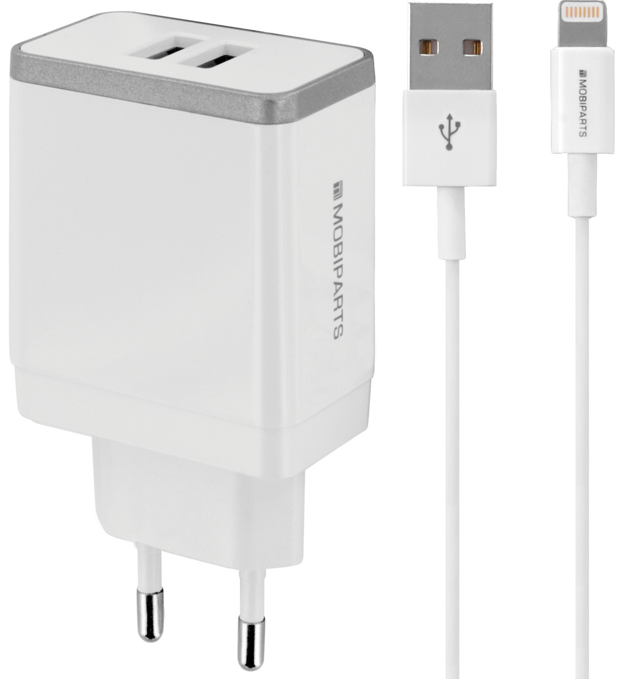 Mobiparts Wall Charger Dual USB 4.8A + Lightning Cable White