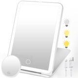 SURFOU Make-upspiegel met verlichting, oplaadbaar, opvouwbaar en ultraslank, 3 dimbare lichtkleuren, touchscreen en 10 x mini-vergroting, perfect voor op reis en thuis (wit)