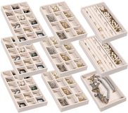 Frebeauty Sieraden Organizer Tray, Stapelbare Fluwelen Sieraden Trays, Lade-inzetstukken, Oorbellen Organizer voor Vrouwen en Meisjes, Sieraden Opbergdoos voor Ringen, Oorbellen, Set van 9 (Beige)