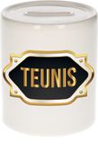 Bellatio Decorations Spaarpot met voornaam Teunis - wit - met goud/zwart embleem - 8 x 9 cm - keramiek - met afsluitdop - cadeau verjaardag