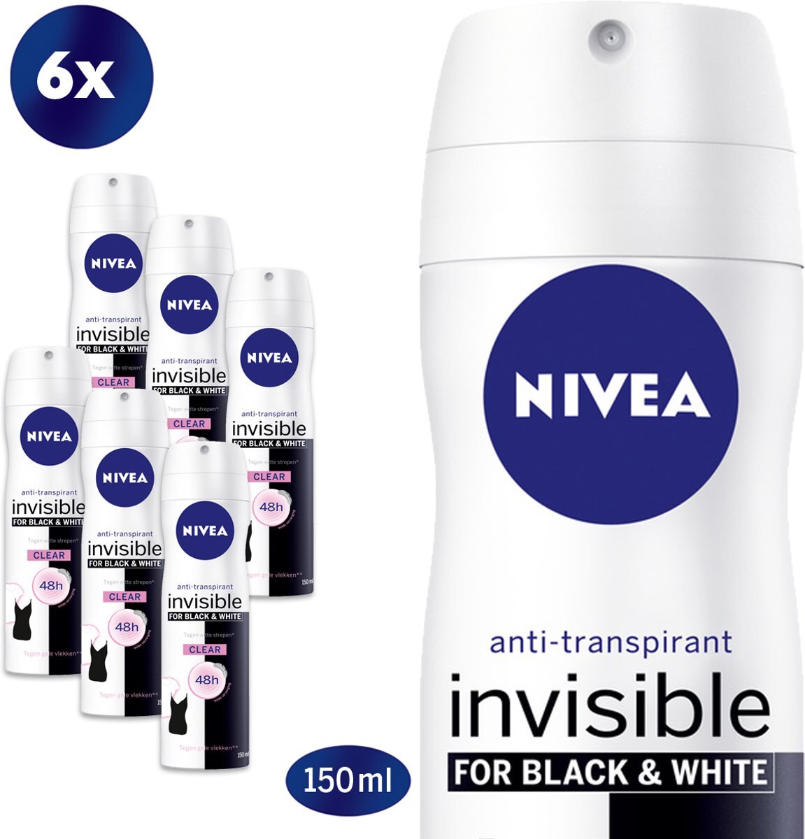 Nivea Invisible Black & White Clear Deodorant Spray - 6 x 150 ml - Voordeelverpakking