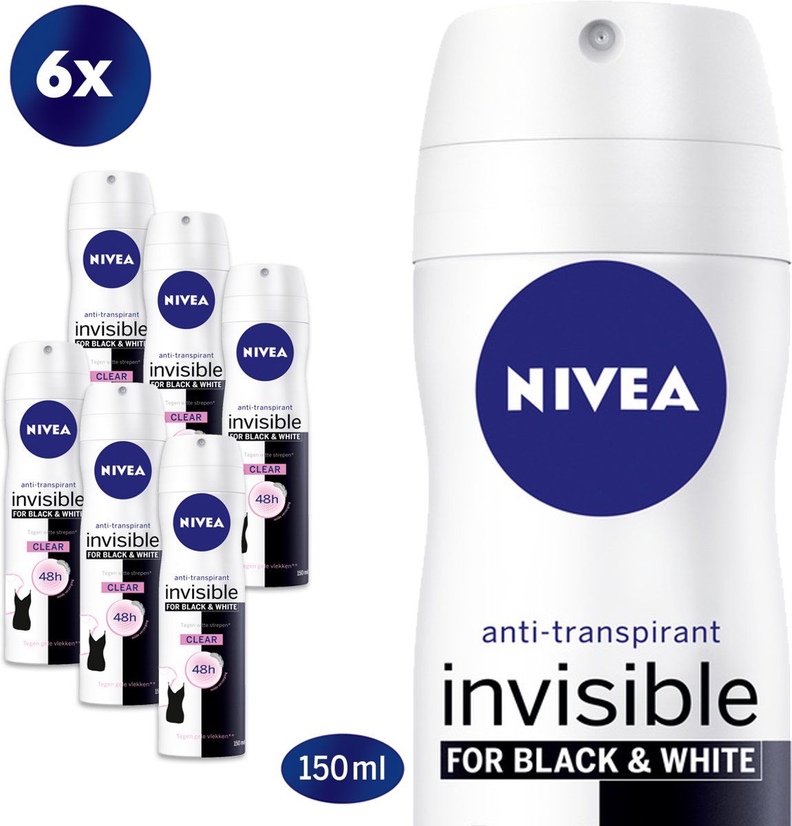 NIVEA Invisible Black & White Clear Anti-Transpirant Deodorant Spray - Original - 6 x 150ml - Voordeelverpakking