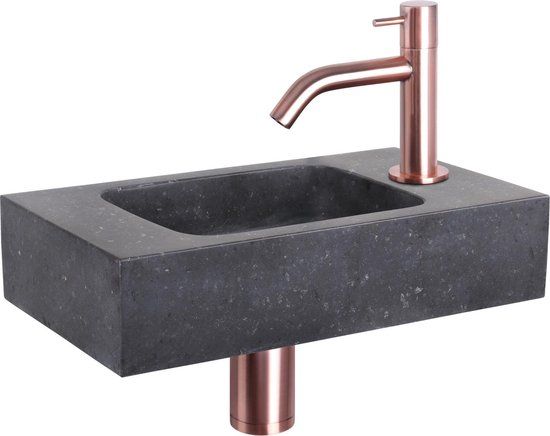 Differnz Fonteinset - Wasbak Natuursteen Bombai Black - Antraciet - Gebogen Kraan - Rood Koper - 40x22x9cm