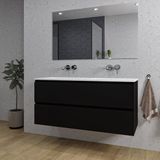 Saniclass Chaci Badkamermeubelset - 120x46x55cm - keramische wastafel wit - 2 wasbakken - zonder kraangaten - 2 lades - rechthoekige spiegel - mat zwart