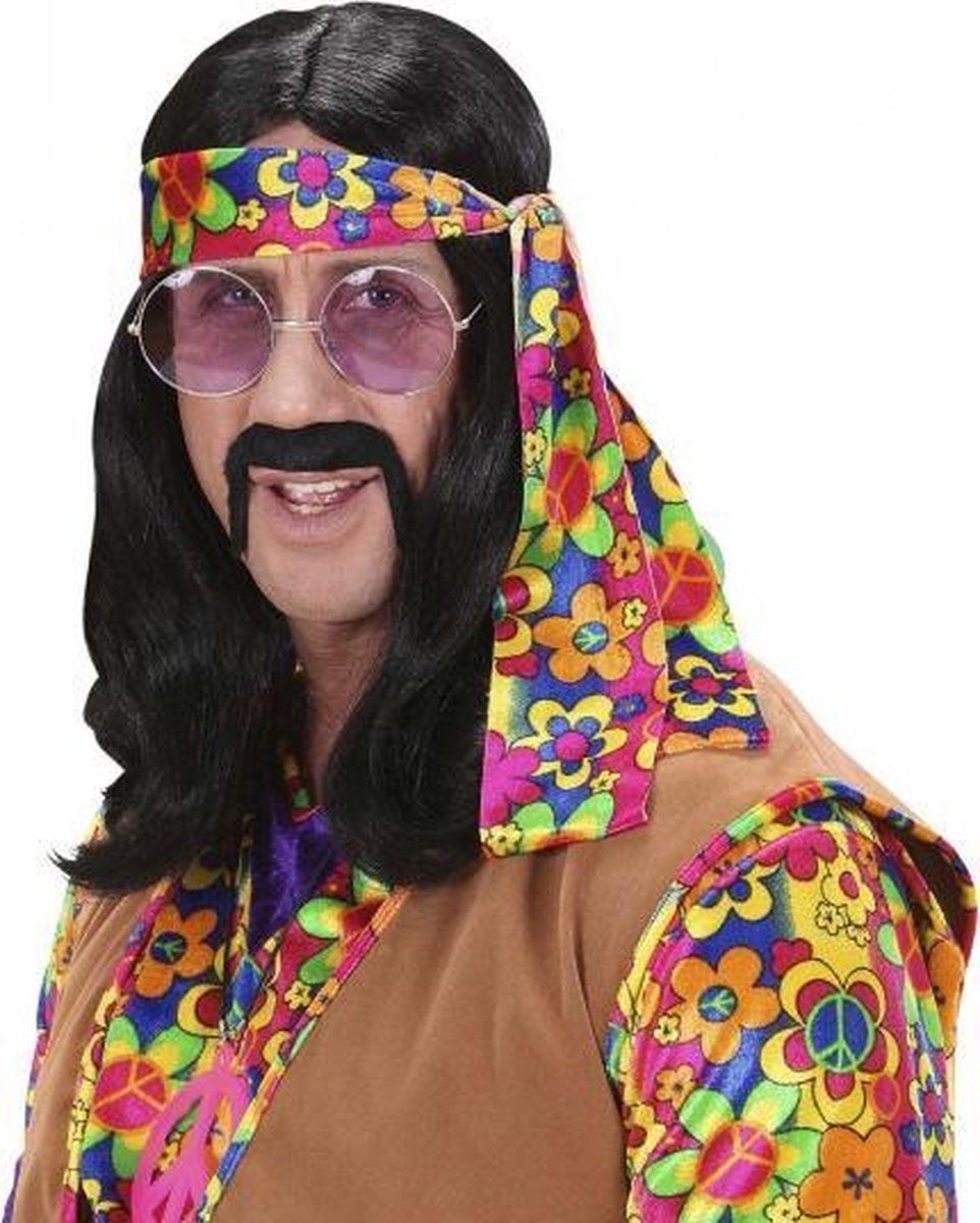Hippie pruik met lang zwart haar