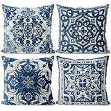 M-Qizi Blauwe kussenslopen, 18 x 18 cm kussensloop, set van 4, Chinoiserie Decor Chinoiserie kussensloop, huisdecoratie, blauw en wit sierkussensloop