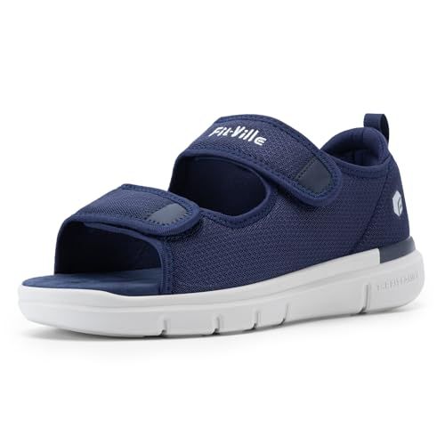 FitVille Wide Open Diabetische Sandalen Heren Orthopedische Schoenen met Velcro Verstelbare Bandage Schoenen, Marineblauw, 47 EU Breed