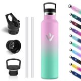 Motswedi Thermosfles 1000 ml, Roestvrijstalen Waterfles, BPA-Vrij, Thermofles, 304 RVS, Dubbelwandige, 18/8 Roestvrij Staal, Lekvrij, Waterfles voor Sport, Camping, kantoor, Lichtroze & Lichtgroen