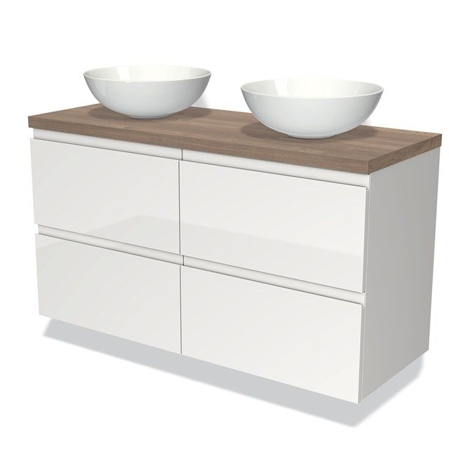 Maxaro Badkamermeubel Modulo Plato 120cm Hoogglans Wit 4 Lades Greeploos Middenbruin Eiken Blad