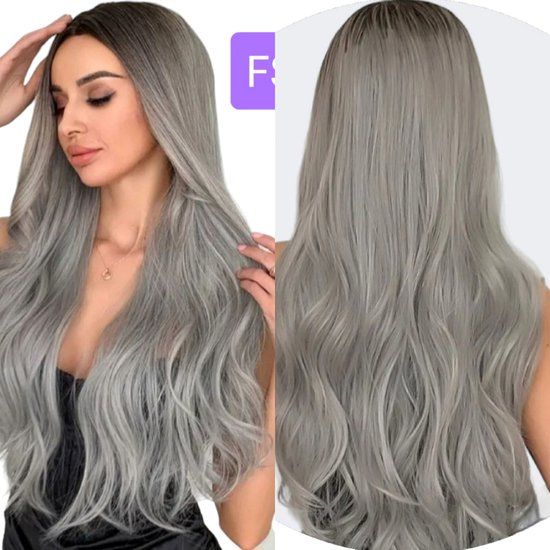 Frazimashop Ombre Golvende Pruik - Grijs - Lang Haar - Hittebestendig - Dames