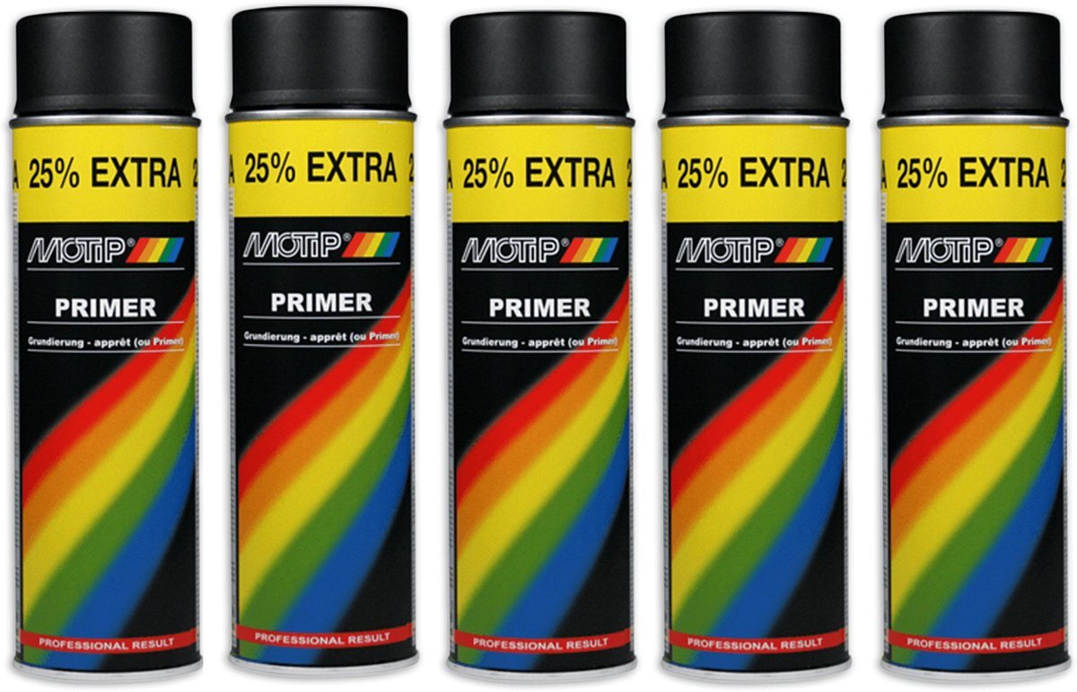 Motip verf primer 5 stuks Spuitbus Primer zwart sneldrogend 500 ML voor metaal , hout, aluminium en steen - 25 % EXTRA