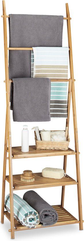 Relaxdays Handdoekenrek Bamboe - Inklapbaar - 3 Planken - 4 Haken - Badkamer