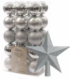 Decoris Kaemingk B.V. Kerstballen - 30x stuks - incl. ster piek - zilver - kunststof