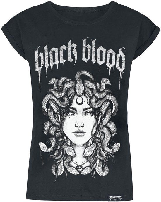 Black Blood by Gothicana Gothicana Zwart T-shirt met grote print op de voorkant, casual pasvorm en opgerolde mouwen - Dames - L