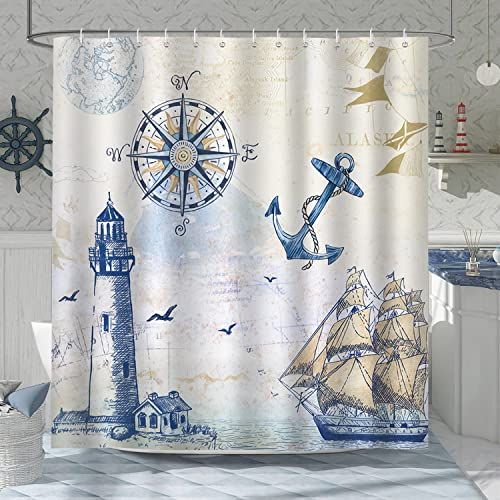 Bonhause Nautische Zeilboot Douchegordijn 180 x 180 cm - Vuurtoren Kompas Anker Badkamer Gordijn - Waterdicht & Schimmelbestendig