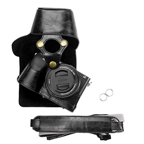 kinokoo Canon PU Lederen Camera Hoesje voor SONY A6300 A6000 en 16-50mm lens met schouderriem, reinigingsdoek, Zwart