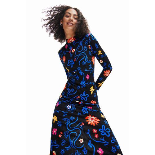 Desigual Gebloemde Ribgebreide Jurk - Donkerblauw