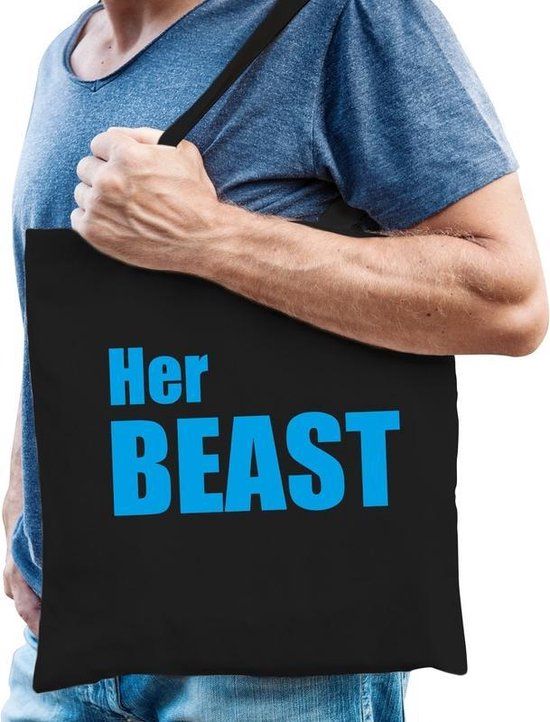 Bellatio Decorations Her beast katoenen tas zwart met blauwe tekst - tasje / shopper voor heren