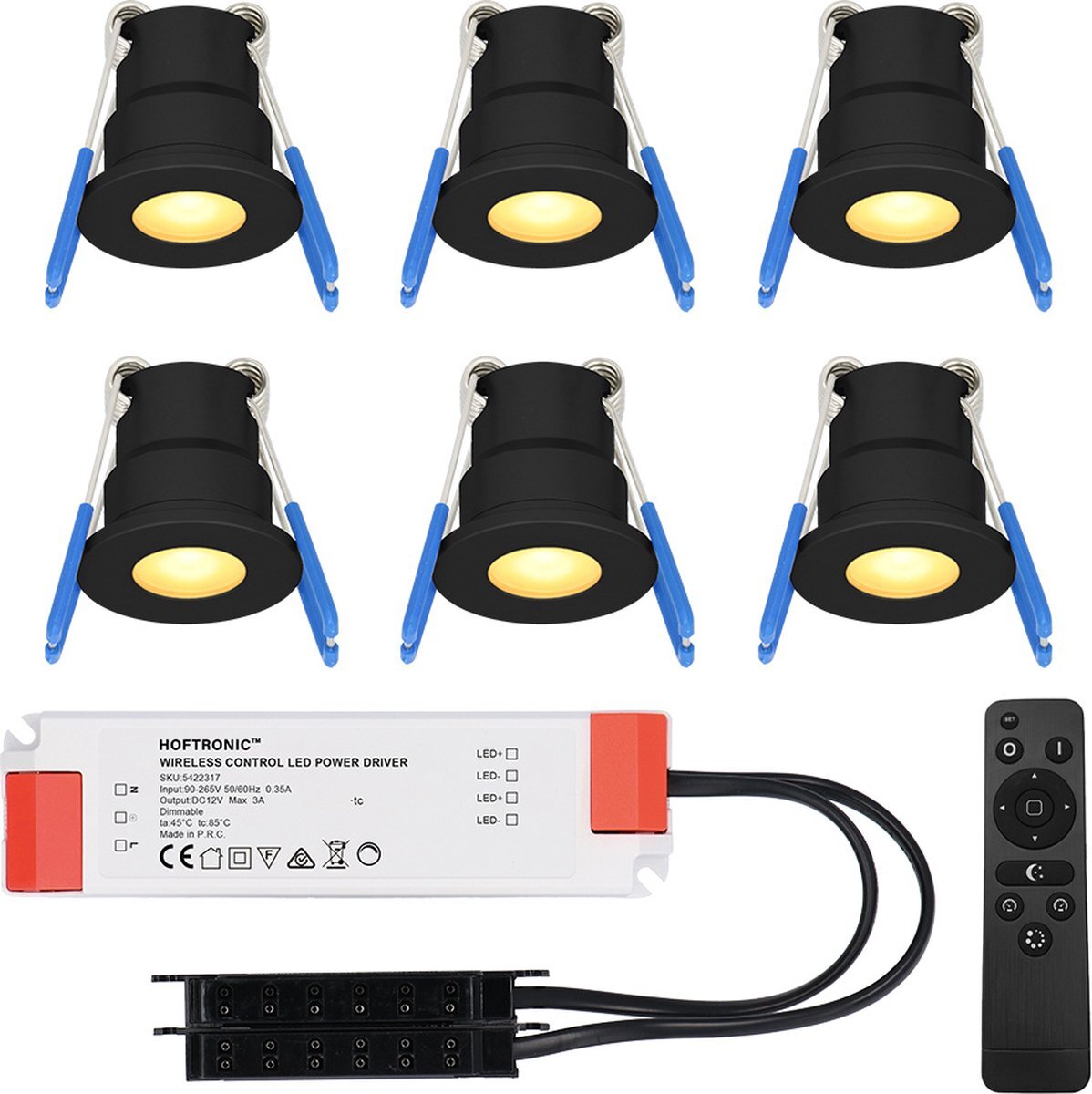 HOFTRONIC Milano - 6x Zwarte LED Inbouwspots - Traploos dimbaar met RF-afstandsbediening - Zwart - IP65 Waterdicht - 2700K Extra warm wit - 3W CREE LEDs 12V -Verandaverlichting - Plafondspotjes badkamer - Voor Veranda, Carport en Badkamer