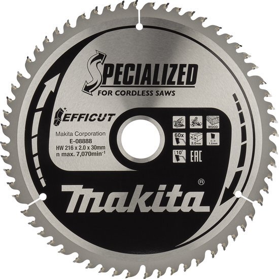 Makita Afkortzaagblad voor Hout | Efficut | Ø 216mm Asgat 30mm 60T - E-08888