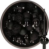 Decoris Boules de Noël - 37x pièces - 6 cm - noir - plastique - incl. étoile brillante en verre