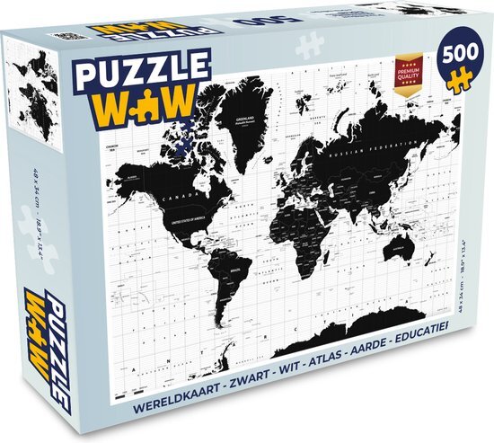 MuchoWow Puzzel Wereldkaart - Zwart - Wit - Atlas - Legpuzzel - Puzzel 500 stukjes