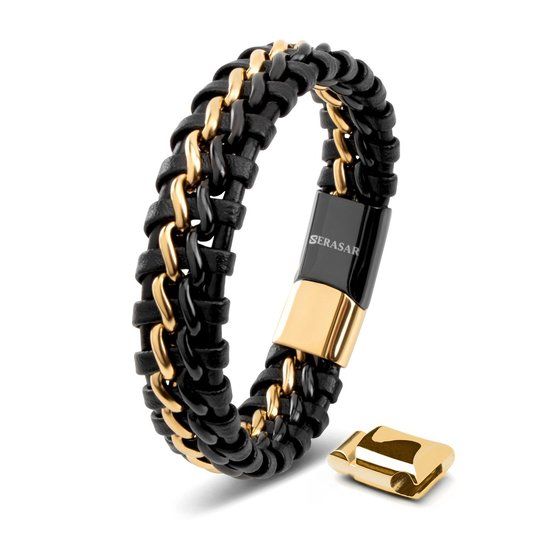 SERASAR Armband van Echt Leer Heren [Steel] - Goud/Zwart 20cm