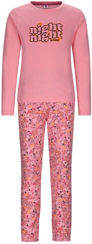 B.Nosy Meisjes Pyjamaset YNOOS-5905 Geranium Pink Gebloemd Katoenmix Lange Mouw Maat 98-104