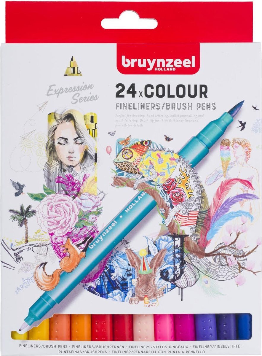 Bruynzeel Creatives Fineliner / Brushpen set 24 kleuren