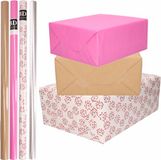 Shoppartners Bv 8x Rollen transparant folie/inpakpapier pakket - roze/bruin/wit met hartjes 200 x 70 cm