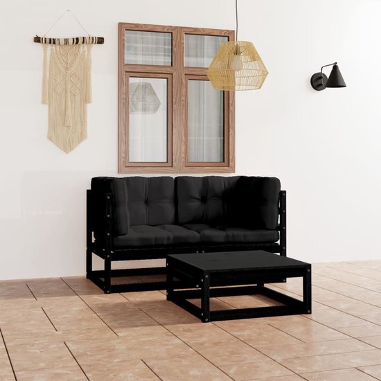 The Living Store Hoekbank Zwart Massief Grenenhout - 70 x 70 x 67 cm - Inclusief Kussens