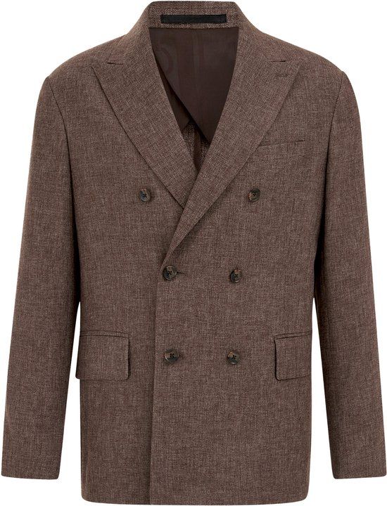 WE Fashion Heren Regular fit double breasted blazer van linnenmix - Donkerbruin - Linnen - Maat: 54