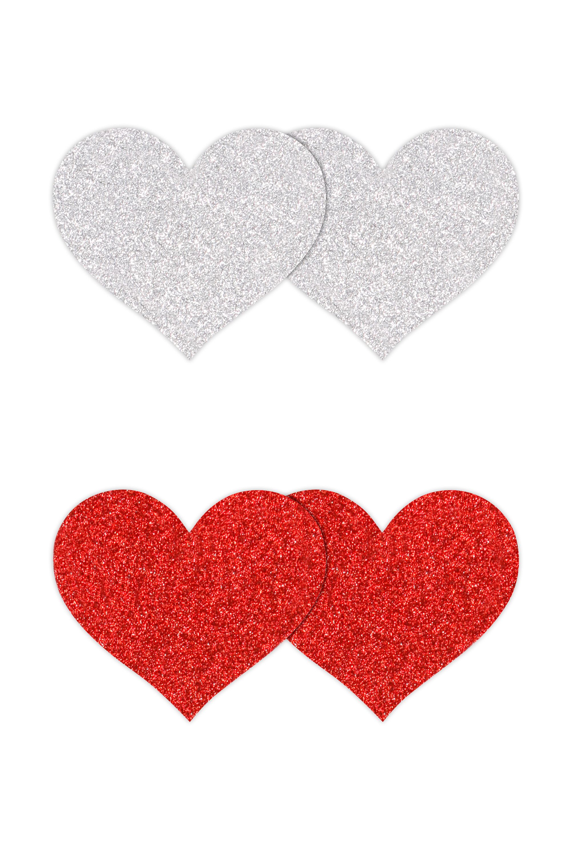 Pretty Pasties - Glitter Heart Nipple Covers - Red/Silver - 2 Pairs