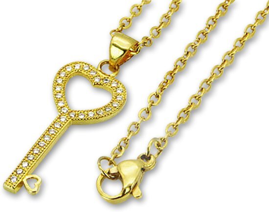 Amanto Ketting Dilge Gold - Dames - 316L Staal Goud PVD - Zirkonia - Sleutel - 27 x 12 mm - 45 cm