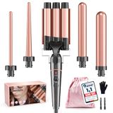 BESTOPE PRO Krultangset, 5-in-1, 3 keramische vaten voor grote krullen en golven, snel opwarmen, 2 temperatuurniveaus, krulspelden met handschoen en 2 clips, anti-kroes, dubbele voltage