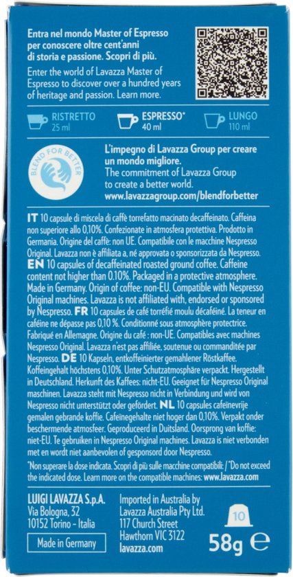Lavazza Dek, Koffiecapsule, Espresso, Medium roast, Nespresso, 10 kopjes, Blauw