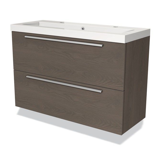 Maxaro Badkamermeubel 100cm Modulo Slim Donkerbruin Eiken 2 Lades Vlak Wastafel Mineraalmarmer