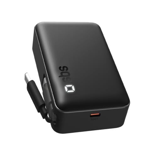 SBS PowerBank 10000mAh, 20W Power Delivery (PD 3.1 PPS), Snelladende Powerbank met Ingebouwde USB-C-kabel, AFC, USB-C, USB-A, Draagbare Reisoplader, Zwart