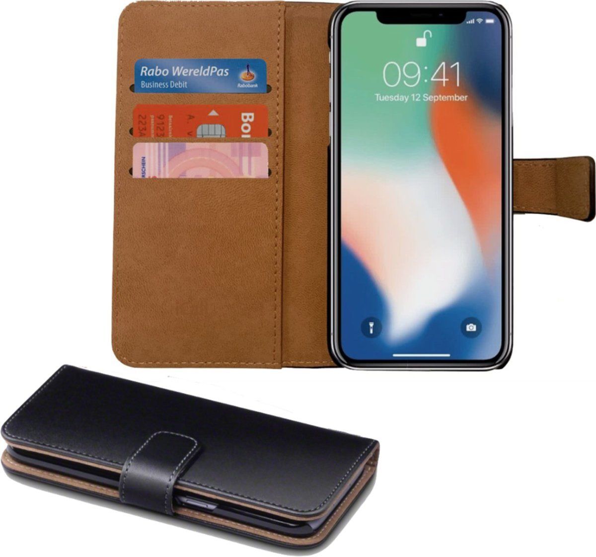 iCall Lederen Wallet Hoesje Zwart en Nude voor Apple iPhone X / 10 - Portemonee Hoesje - Book Case - Flip Cover - Klap - 360 beschermend Telefoonhoesje