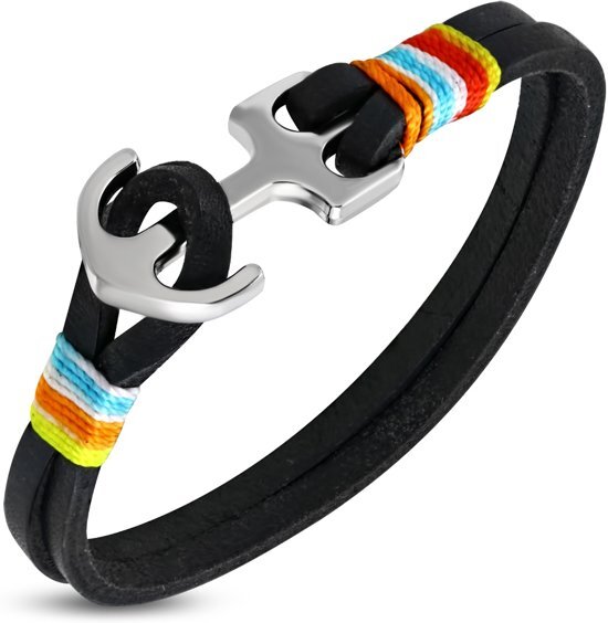 Amanto Armband Farrel Multi Black - Heren - Leer - 316L Staal - Anker - 10 mm - 21 cm