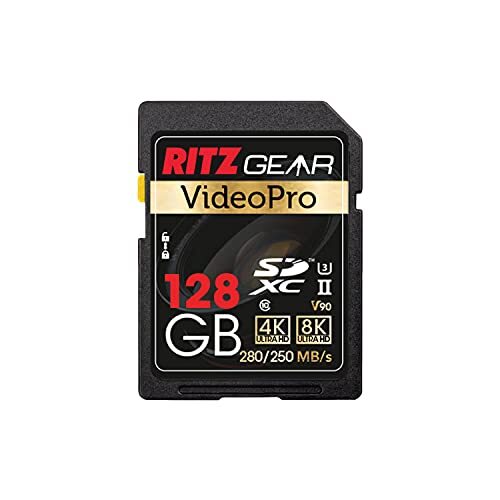 RitzGear Video Pro SD-kaart UHS-II 128 GB SDXC-geheugenkaart U3 V90 A1, Extreme Performance Professionele Sd-Card (R 280mb/s 250 mb/s W) voor geavanceerde DSLR, goed geschikt voor video, inclusief 4K, 8K, 3D, Full HD-video