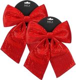 Mica Decorations Kerst strik ornament - 2x - rood - 24 x 28 cm - polyester pailletten