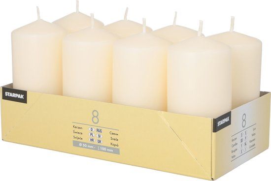 Conpax Candles Papstar Stompkaarsen/Kolomkaarsen Crème, 8 Stuks, Rond, Diameter 5 Cm, Lengte 10 Cm