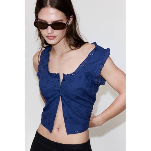 Mango Katoenen Broderie Top - Blauw